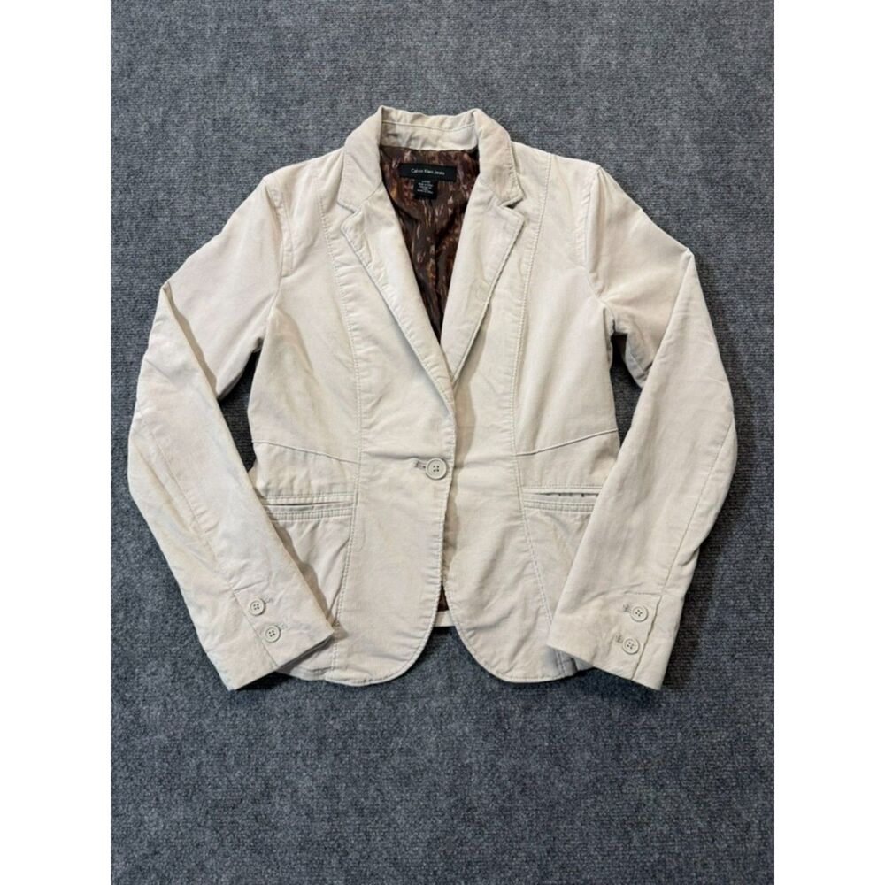 Calvin Klein Jeans Womens S Corduroy Blazer Cream Beige Stretch Lined Jacket